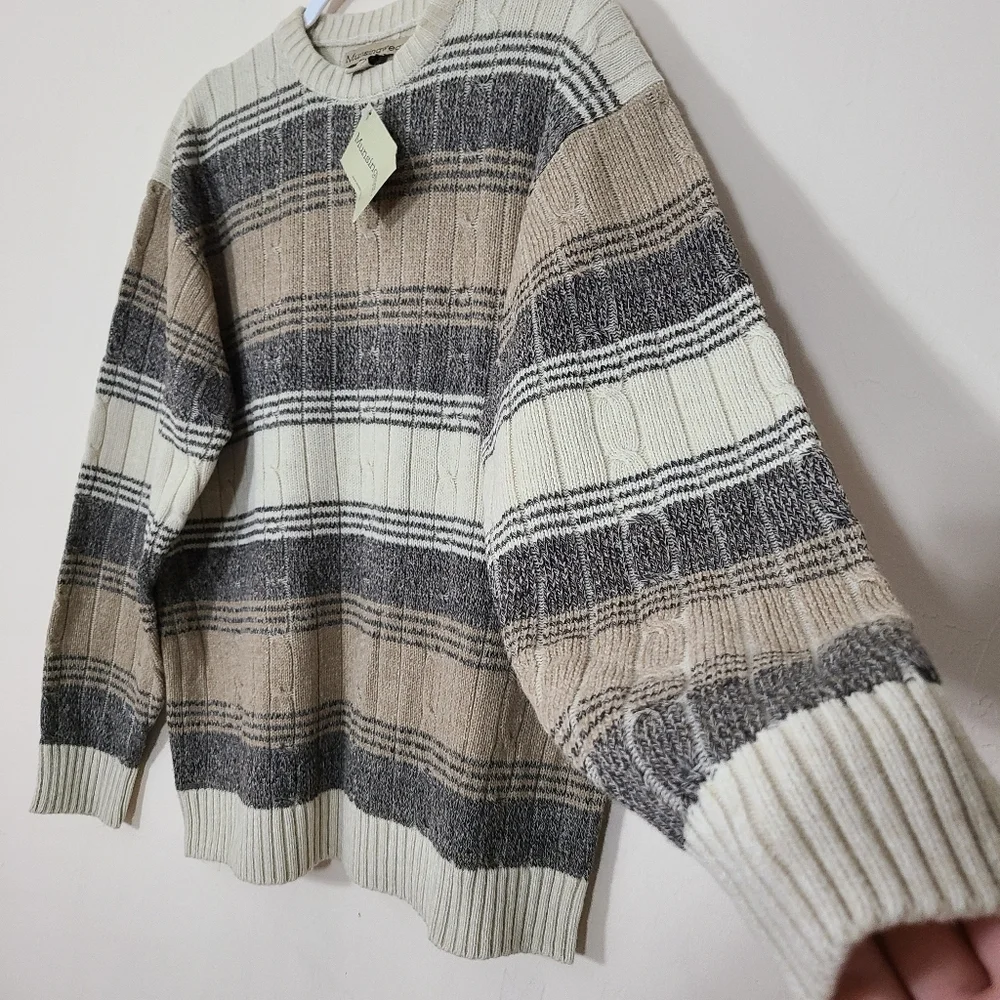 Munsingwear Vintage Mens M Striped Cable Knit Sweater Neutral Grandpacore NWT‎